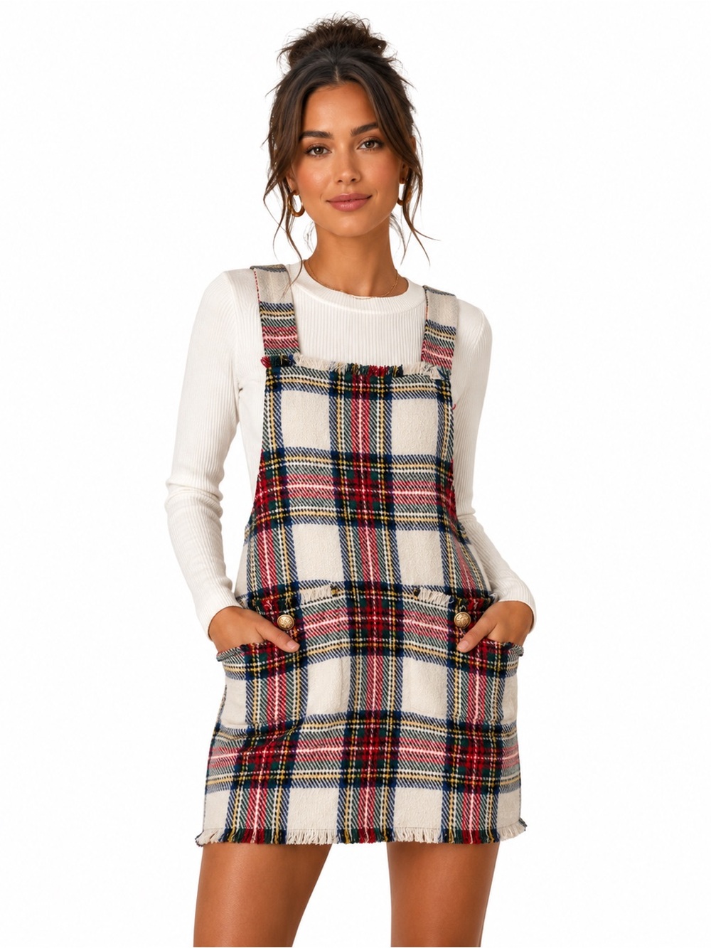 Judith March Manchester Plaid Tweed Jumper Pinafore Overall Dress Sz M